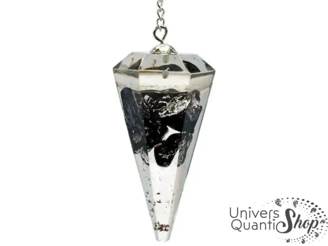 pendule de radiesthésie shungite orgonite en pointe sur fond blanc
