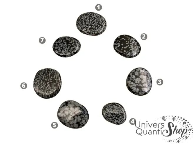 obsidienne flocon neige pierres plates numérotées sur fond blanc, univers quantic shop