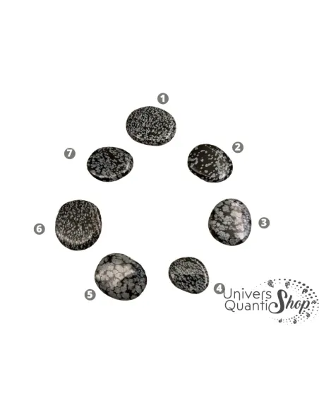 obsidienne flocon neige pierres plates numérotées sur fond blanc, univers quantic shop