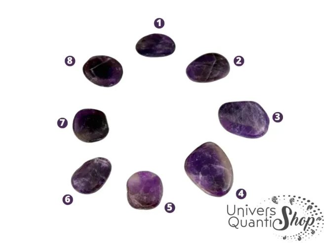 améthyste pierres plates numérotées sur fond blanc, pierre de sagesse et humilité, qualité A