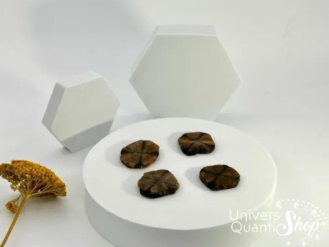 chiastolite protection, pierres plates sur un socle blanc avec une fleur jaune