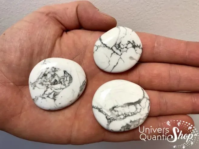 howlite pierres plates posées dans la main, pierre blanche lithothérapie