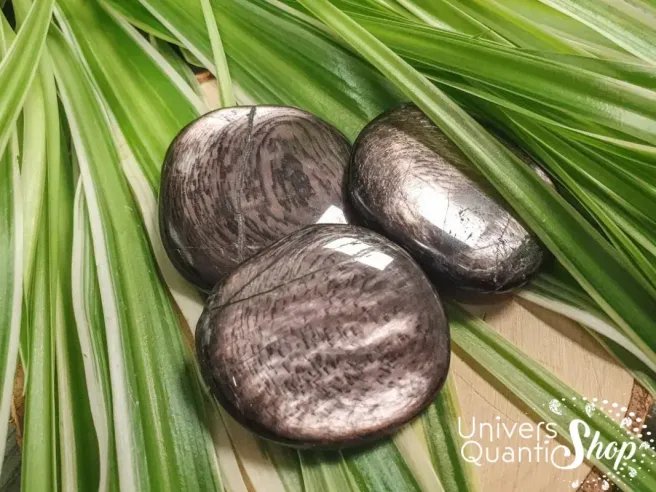 hypersthène pierres plates d'ancrage qualité A posées sur des feuilles