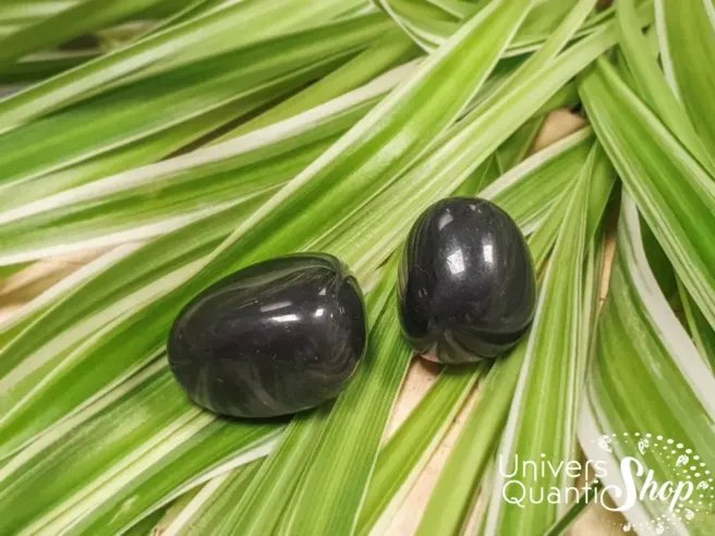 obsidienne noire protection pierres roulées lithothérapie posées sur des feuilles vertes