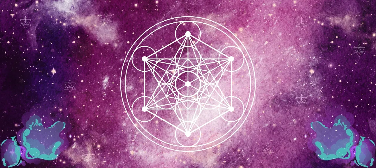 cube de métatron signification, symbole métatron sur fond galaxie violet